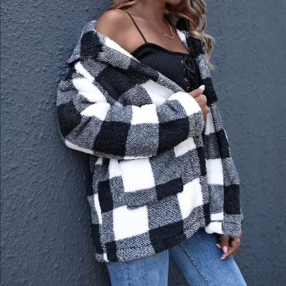 Gingham plaid button down teddy coat